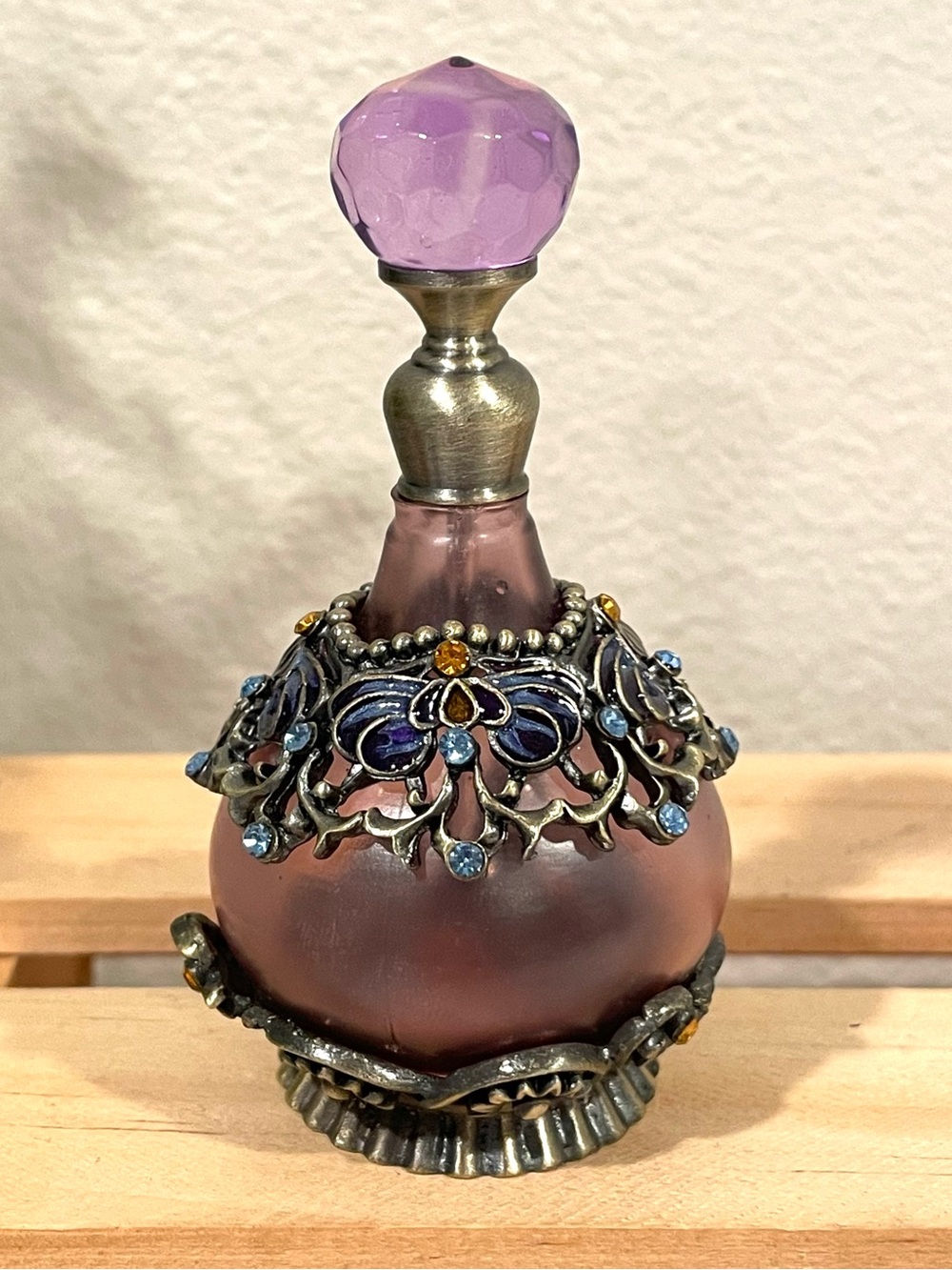 Ornate Purple Perfume Bottle w Gemstone Accents & Intact Metal Dropper.